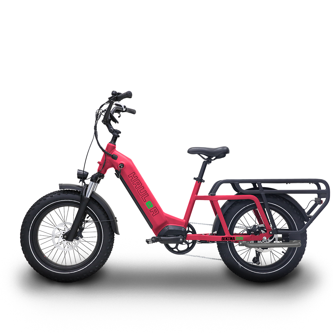 Benzina zero hauler cargo e-bike. kids seat. electric bike. step through frame. lightweight. delivery e-bike.